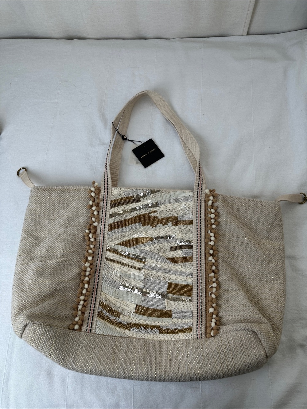 Cream Sequin Accent Tote Bag by America & Beyond